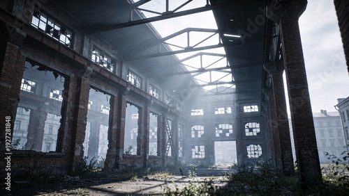 Panoramic View of Abandoned Industrial City Zone Covered in Soft Morning Fog with Muted Colors and Decaying Brick Buildings