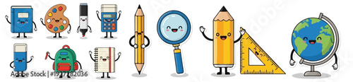 Cute flat vector set of school supplies characters, smiling faces, bright colors, simple geometric shapes, clean lines, white background, sticker style, high resolution