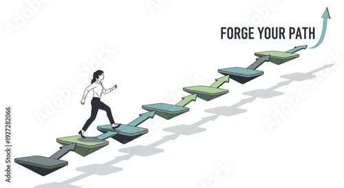 Businessperson stepping on ascending arrow steps, FORGE YOUR PATH