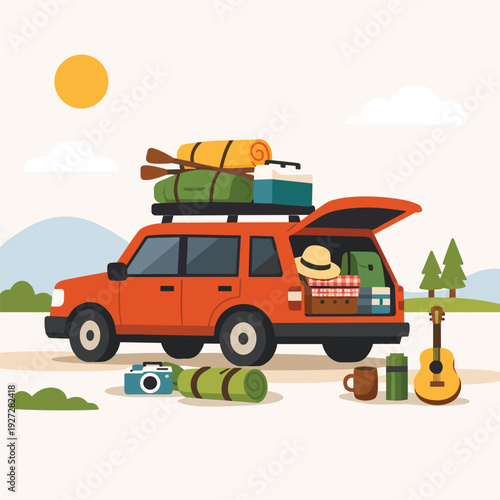 Car ready for a camping adventure in nature