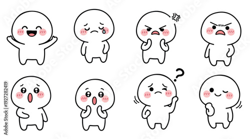 Minimalist vector illustrations of cute round-headed characters showing different emotions (happy, sad, angry, surprised, confused, content). Simple black outlines, white bodies, pink blush cheeks