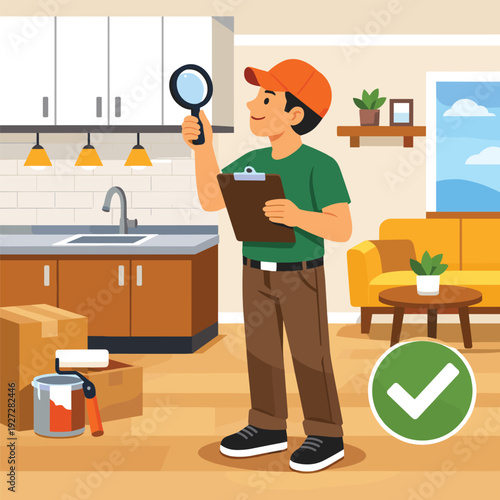 Home inspector checking kitchen features with clipboard