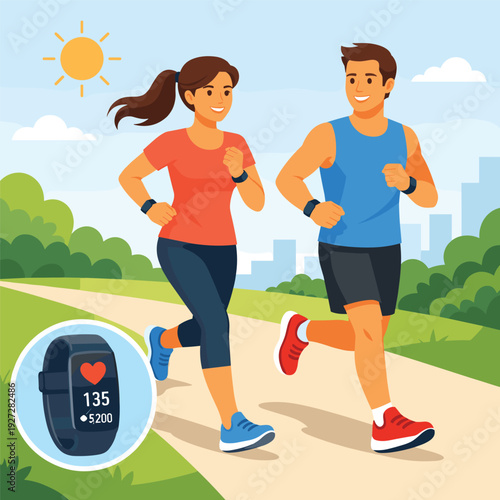 Active couple running in the park with smart watch