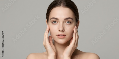 Attractive young woman touches her face in a beauty skincare concept studio shot