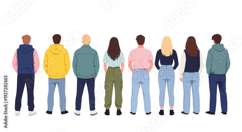 Full-body view of a diverse group of young men and women standing in a straight line, back view. Modern casual outfits in mixed bright and neutral colors. Clean flat vector style