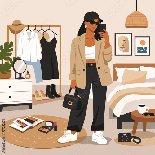 Fashionable woman taking a selfie in stylish room