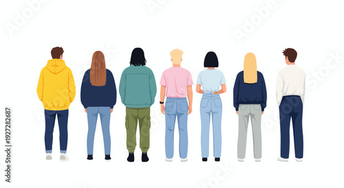 Full-body view of a diverse group of young men and women standing in a straight line, back view. Modern casual outfits in mixed bright and neutral colors. Clean flat vector style