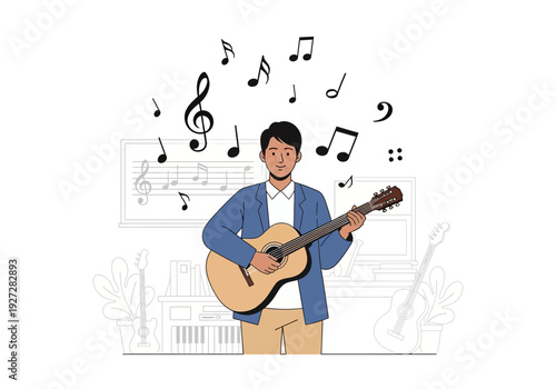 Music teacher playing acoustic guitar, surrounded by floating musical notes in a classroom, symbolizing creativity, musical talent, and the joy of a melodic hobby