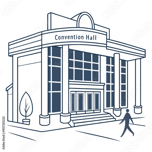 A blue line drawing of a convention hall with a person walking by