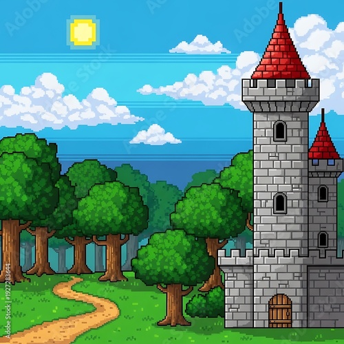 Medieval fortification stands beside a verdant forest under a bright, sunny sky