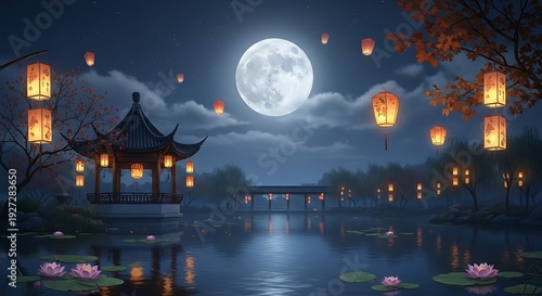 Illuminated traditional architecture rests beside a calm body of water under a large full moon