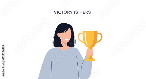 Woman holding trophy, victory icon