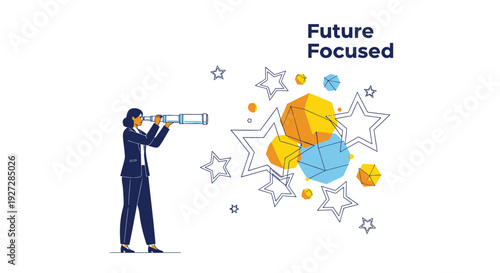 Businessman looking through telescope with stars and planets, Future Focused