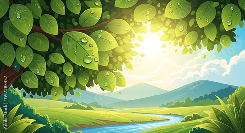 Verdant tree branches with dew drops frame a bright sunny landscape featuring rolling hills and a winding river