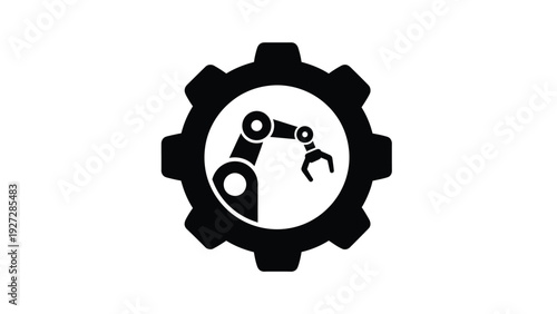 Robot arm in gear icon representing automation and technology
