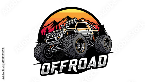 Illustration of a powerful off-road monster truck with large tires, driving through a mountainous landscape at sunset.