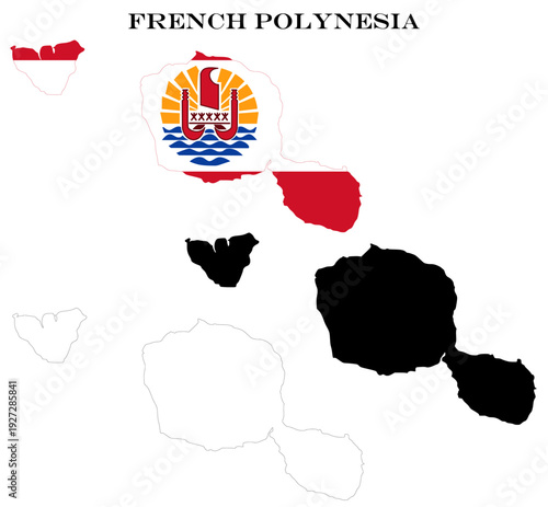French Polynesia Map Bundle with Flag, Black Silhouette and Detailed Outline Contours