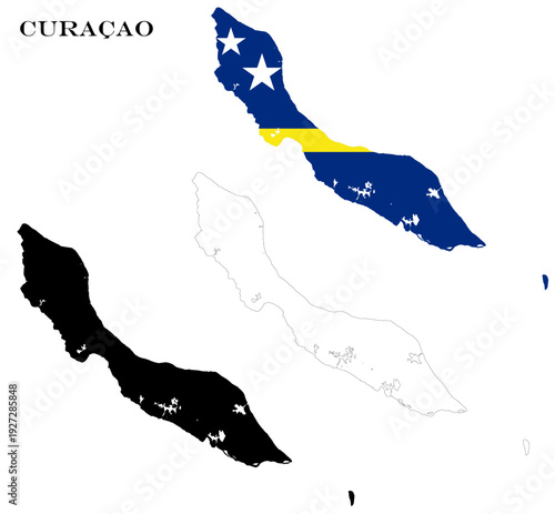Curacao Island Map Bundle with National Flag, Black Silhouette and Detailed Outline Contours