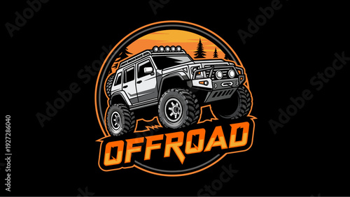 An illustration of a lifted off-road vehicle with large tires, spotlights, and rugged features, set against a backdrop of trees and a sunset.