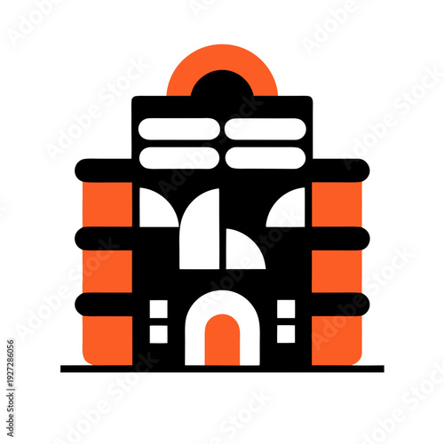 A colorful illustration of a building with an orange and white design