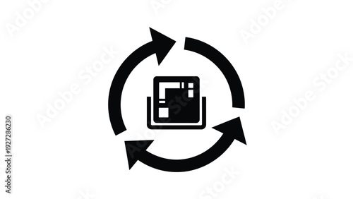 Recycling symbol with arrows around a floppy disk