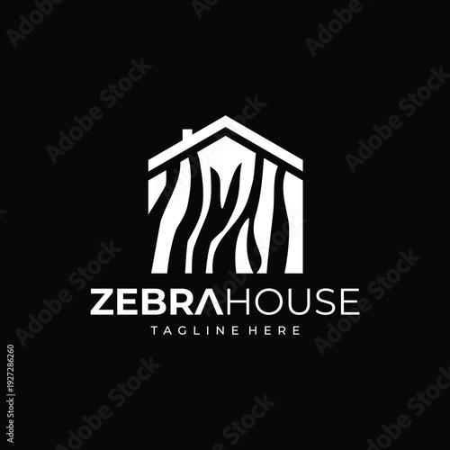 Creative Zebra House logo design with abstract animal stripe pattern integrated into a modern home icon concept.