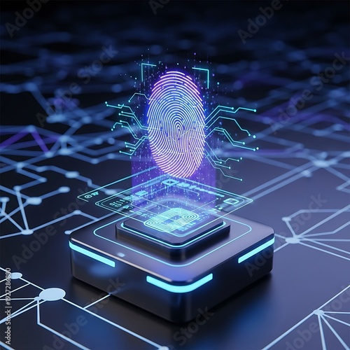Digital biometric security system processes an illuminated fingerprint scan above a futuristic device