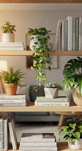 Interior shelving unit displays an arrangement of potted foliage and stacked literature bathed in warm sunlight.