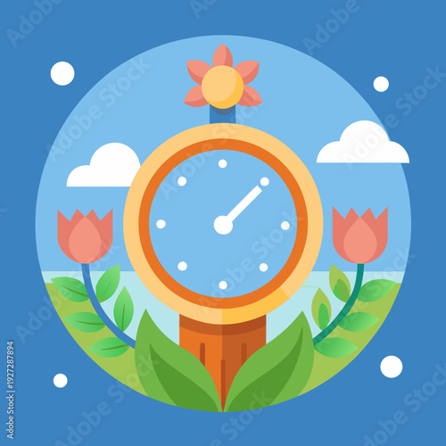 Daylight Saving Time Begins 2026 concept banner. Vector illustration of clock and info with calendar date of changing time in march 08. Spring Forward Time illustration banner. Change clocks ahead