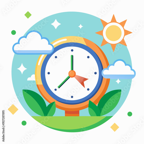 Daylight Saving Time Begins 2026 concept banner. Vector illustration of clock and info with calendar date of changing time in march 08. Spring Forward Time illustration banner. Change clocks ahead