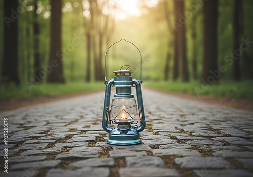 Illuminated kerosene lantern rests upon a rustic cobblestone path leading into a sunlit forest