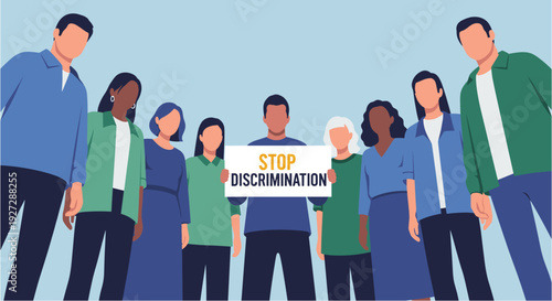 A diverse group of people from various backgrounds stand together, holding a sign that advocates for stopping discrimination and promoting equality.