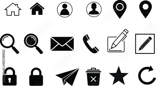 Collection of various black and white icons for user interface and web design