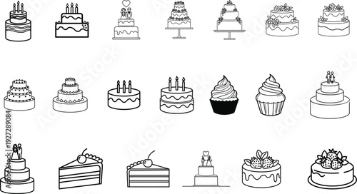 Collection of various decorated cakes and cupcakes with different frosting designs