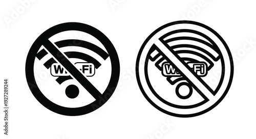 Two prohibited wifi symbols presented in a stark black silhouette