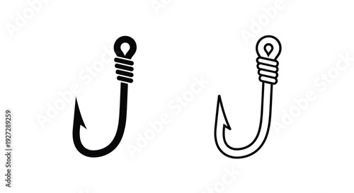 Two fishing hooks one solid and one outlined in black and white silhouette