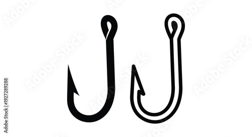 Two black fishing hooks depicted in a striking silhouette