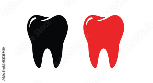 Two teeth one black and one red displayed as a silhouette