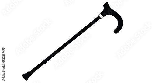 A black walking cane presented in a stark minimalist silhouette