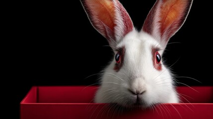 White rabbit with red eyes peeking out from a bright red box against a black background, showcasing its large ears and distinctive facial features