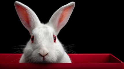 White rabbit with red eyes peeking out from a red box against a black background, showcasing its long ears and distinctive facial features