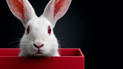 White rabbit with red eyes peeking out from a red box against a dark background, showcasing its long ears and distinctive features in a striking composition