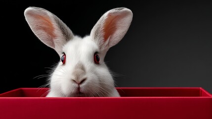 White rabbit with red eyes peeking out from a bright red box against a dark background, showcasing its long ears and curious expression