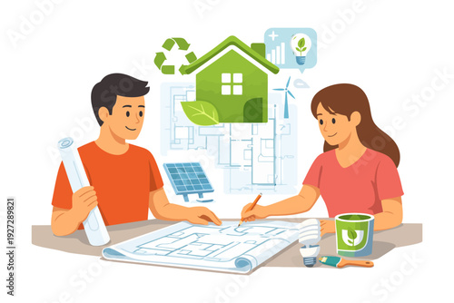 Young caucasian male and female discuss eco-friendly home plans with green technology elements.