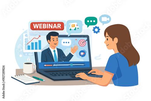 Female attending online webinar with male speaker on laptop for professional development.