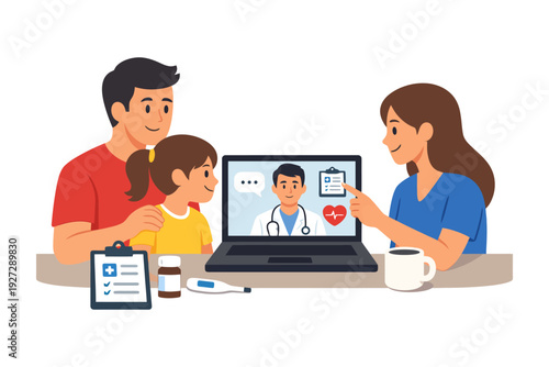 Family telehealth appointment with doctor on laptop screen.