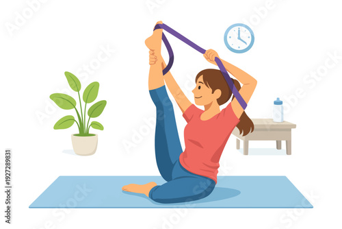 Woman practicing yoga with strap at home.
