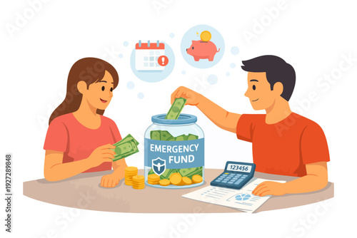 Young caucasian couple saving money for an emergency fund with cash and calculator.