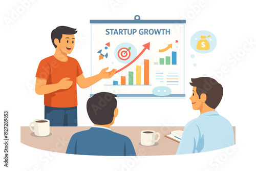 Young caucasian male presenting business growth plan to colleagues in office meeting.