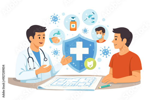 Doctor discussing health safety with young adult male during pandemic.